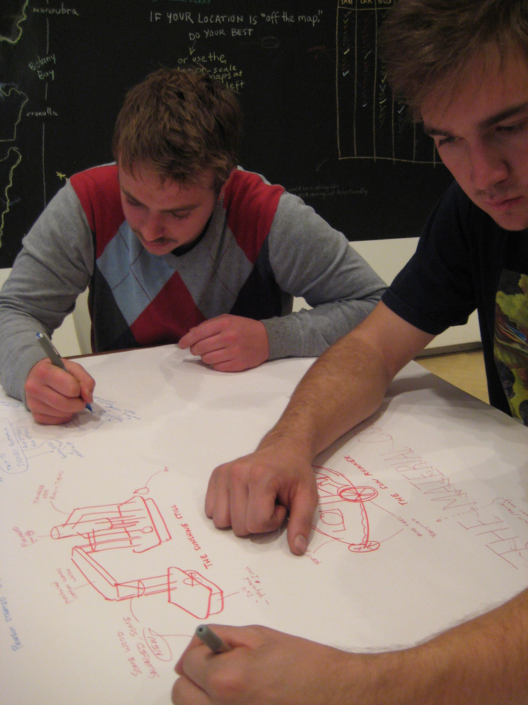 Ian and Dan from FutureFarmers working on the audit of their Sunshine Still project, In the Balance, 2010.